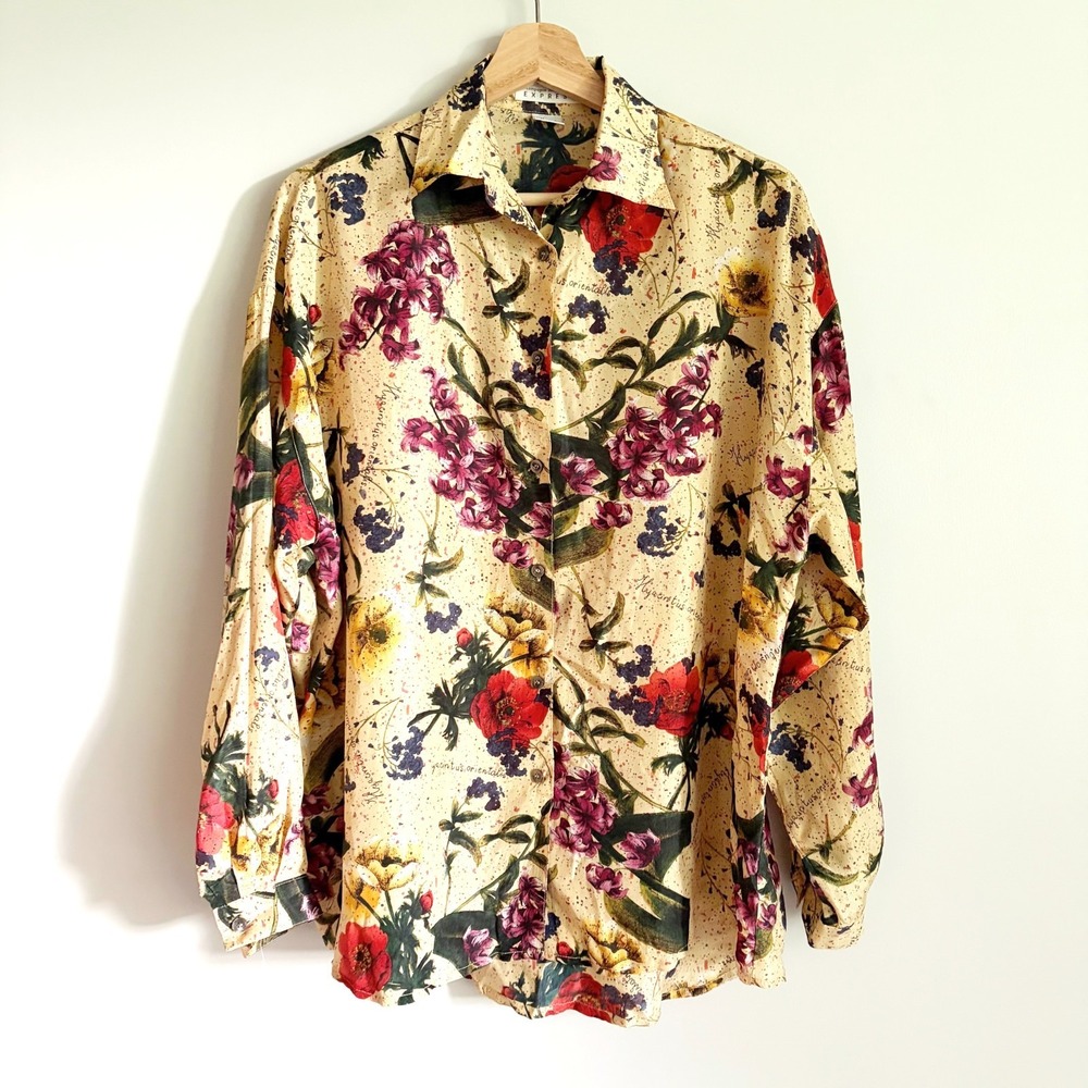 VTG‎ Express Top Sz Small Silk Button Down Blouse Floral Beige Cream Cottagecore